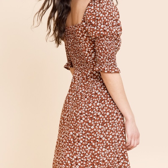 Mi Ami‎ Mallorie Ditsy Floral Smocked Mini Brown Dress Boho Chic Women's L - Picture 3 of 15